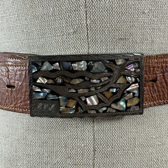 Vintage sterling 925 abalone belt buckle marlin Tony Lama lizard Mexico size 38 - Picture 2 of 15